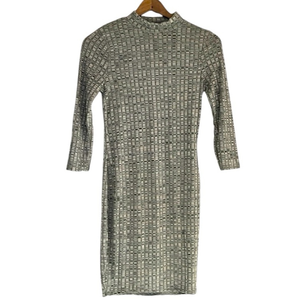 Dice Bodycon Dress 3/4 Sleeve Ribbed Olive Green Stretchy Size Small NEW